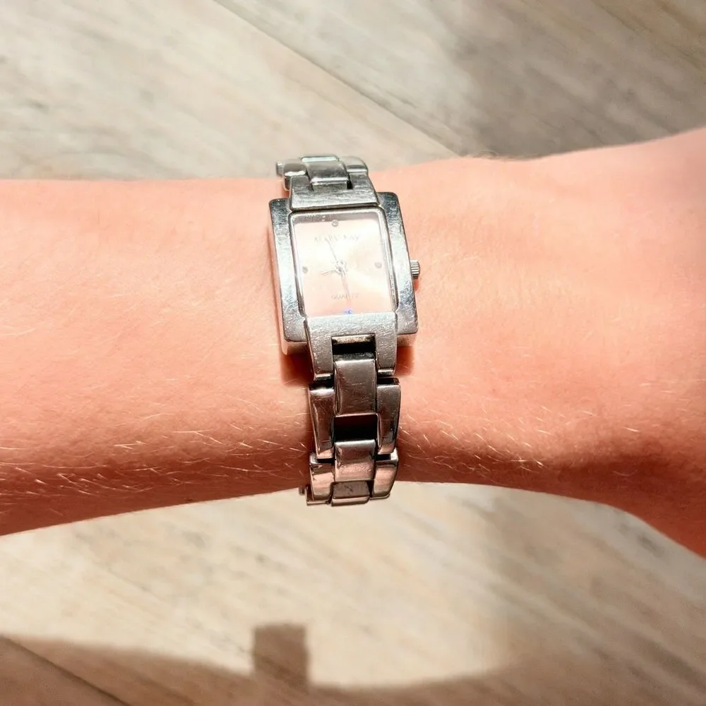 Vintage Mary Kay Pink Dial Silver Tone Rectangle Watch Y2K Rhinestone Watch
